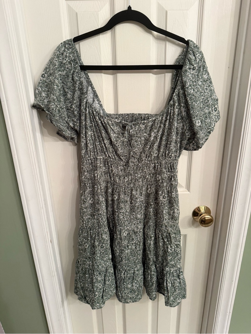 Smocked Puff Sleeve Floral Mini Dress - Sage Green